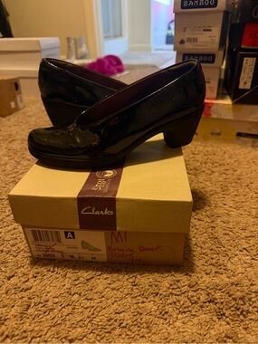 Clarks Women's Black Patent Low Block Heel Pumps